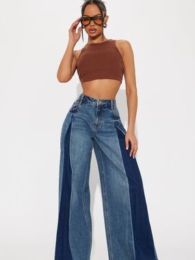 New Fashion Nova Two-Tone Wide Leg Flare Jeans - Dark Blue & Medium Blue